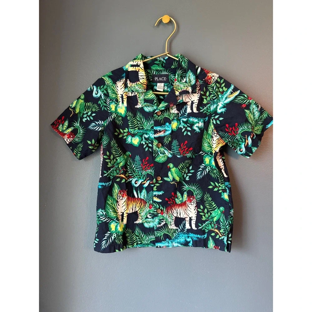 The Children's Place Boys‎ Jungle Tiger Crocodile Tropical Button Down Shirt 5/6